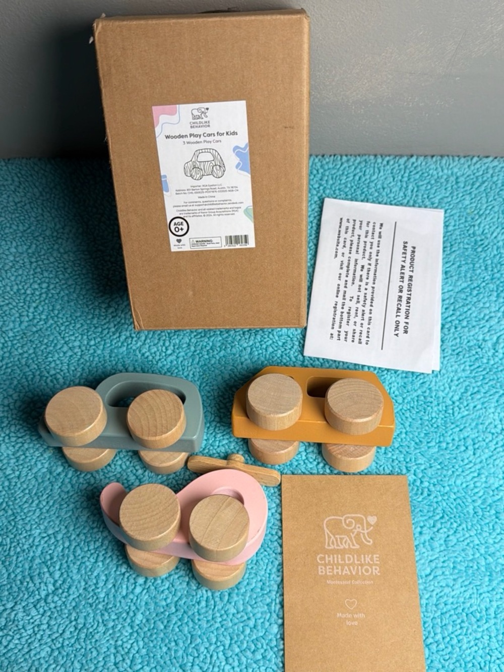 Wooden Toy Cars Set - Pink, Blue, Mustard